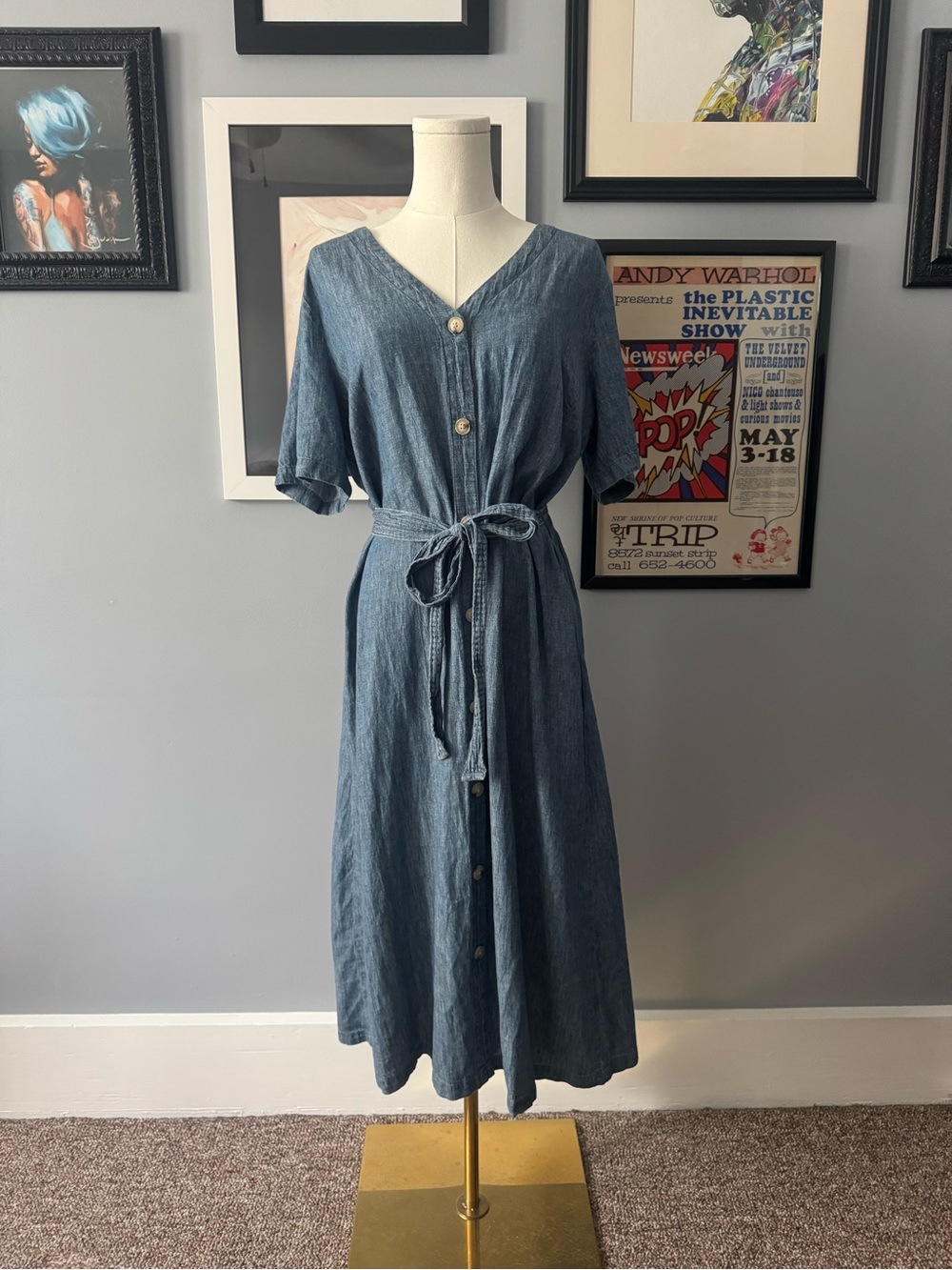 Blue Button-Front Tie-Waist Midi Dress